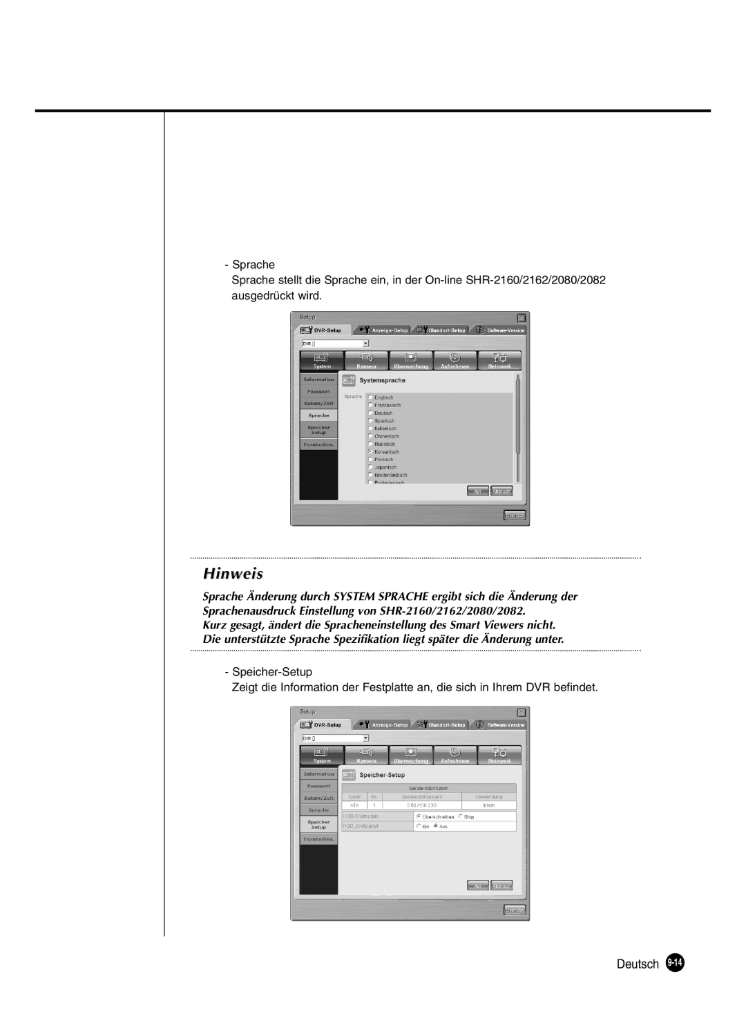 Samsung SHR-2162P250, SHR-2082P250, SHR-2080P250, SHR-2160P250 manual Hinweis 