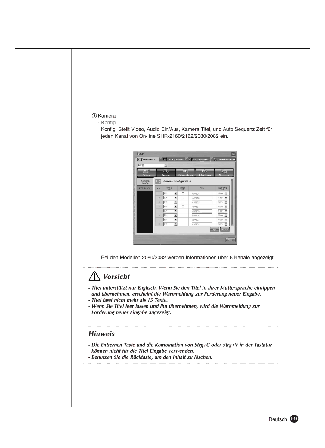 Samsung SHR-2082P250, SHR-2080P250, SHR-2160P250, SHR-2162P250 manual Vorsicht 