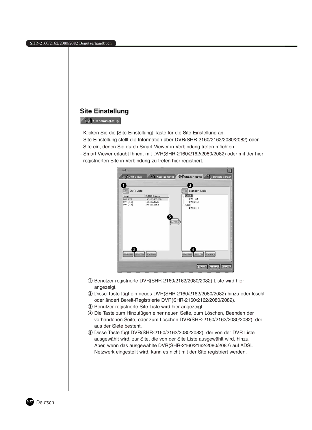 Samsung SHR-2082P250, SHR-2080P250, SHR-2160P250, SHR-2162P250 manual Site Einstellung, 27Deutsch 