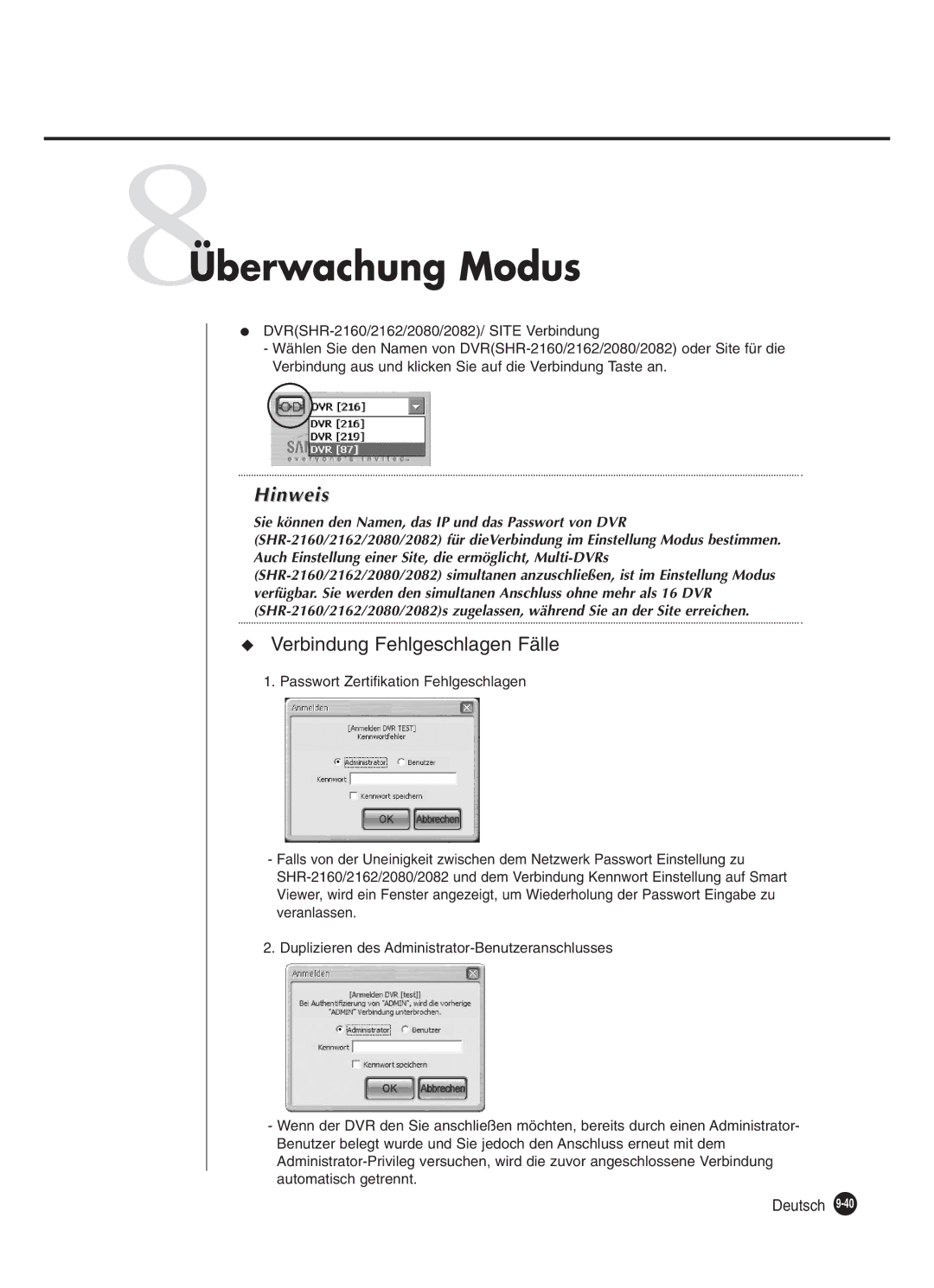 Samsung SHR-2082P250, SHR-2080P250, SHR-2160P250, SHR-2162P250 manual 8Überwachung Modus 