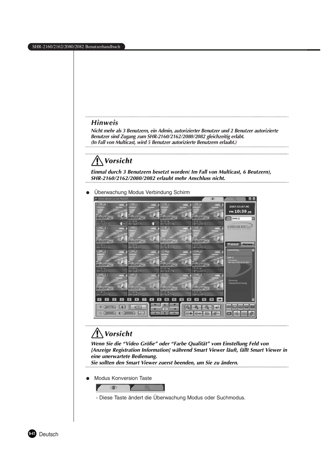 Samsung SHR-2082P250, SHR-2080P250, SHR-2160P250, SHR-2162P250 manual 41Deutsch 