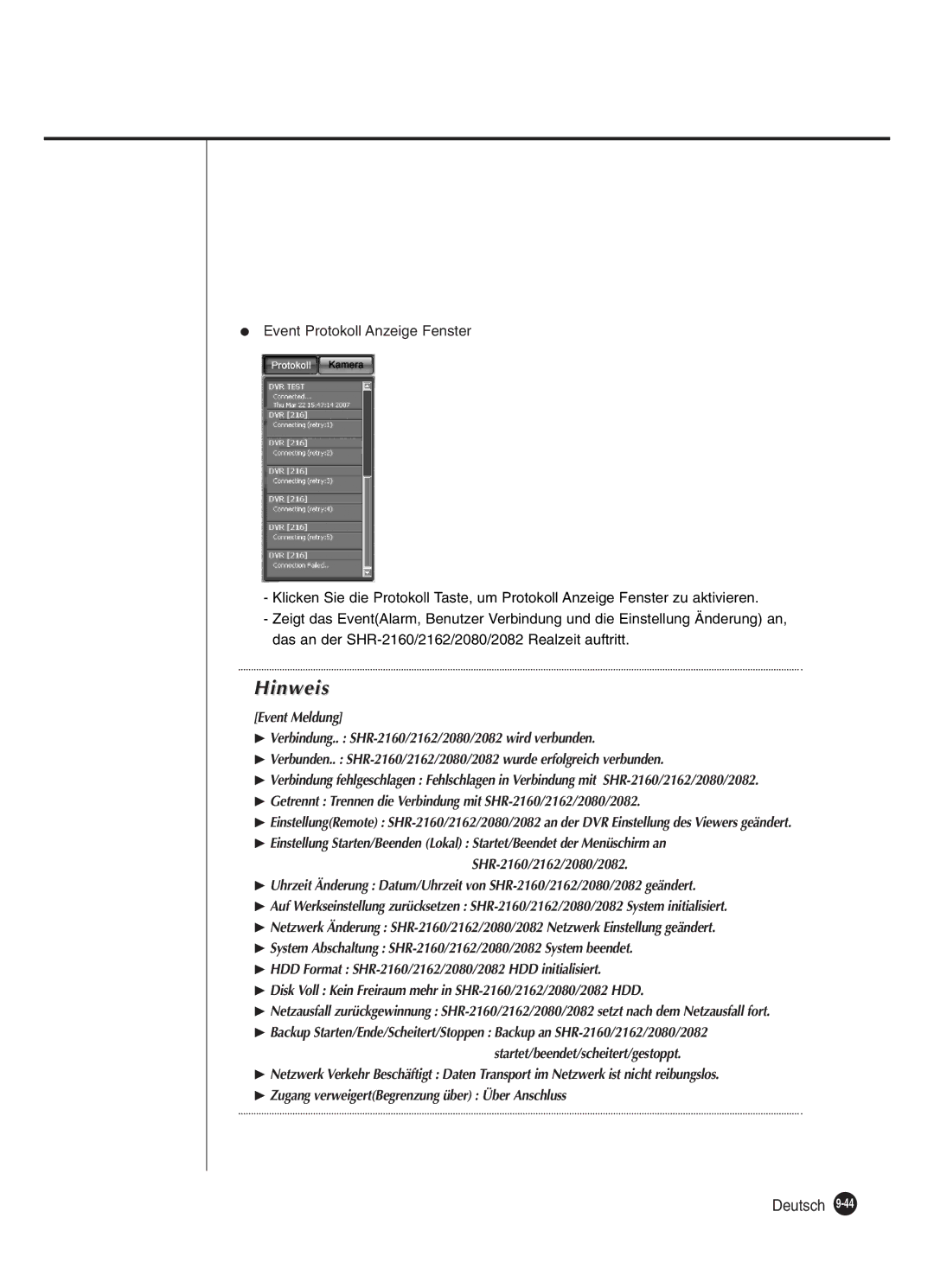 Samsung SHR-2162P250, SHR-2082P250, SHR-2080P250, SHR-2160P250 manual Event Protokoll Anzeige Fenster 