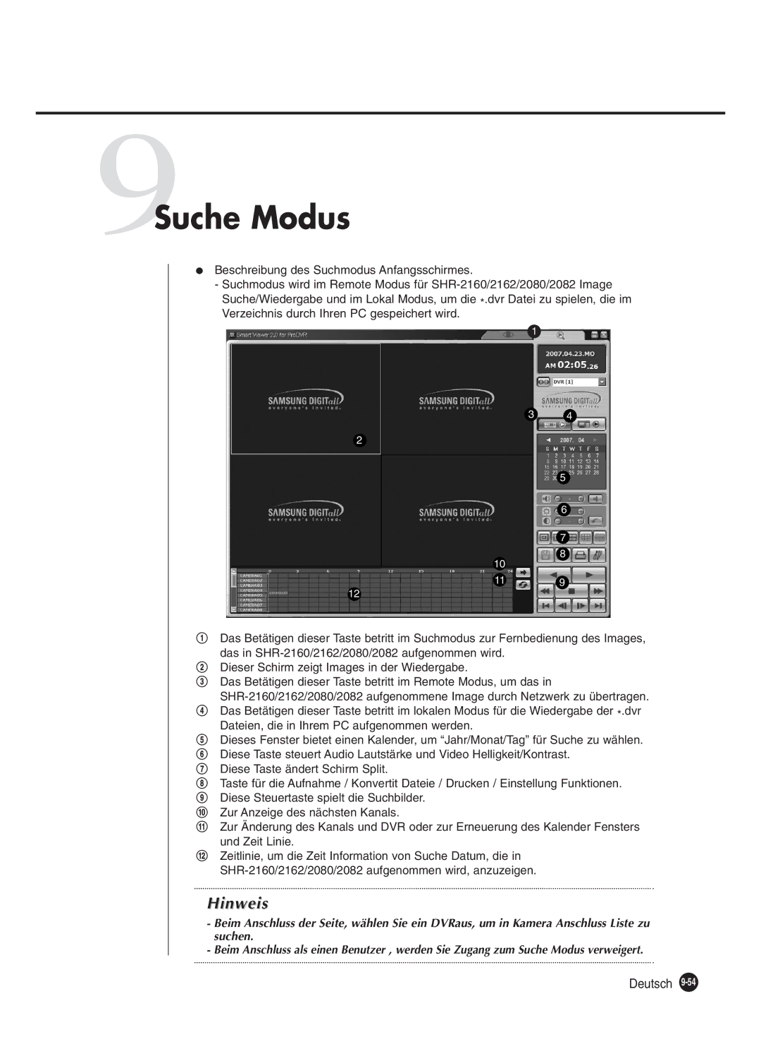 Samsung SHR-2080P250, SHR-2082P250, SHR-2160P250, SHR-2162P250 manual 9Suche Modus 