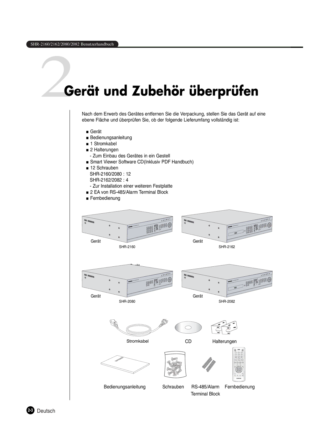 Samsung SHR-2082P250, SHR-2080P250, SHR-2160P250, SHR-2162P250 manual 2Gerät und Zubehör überprüfen, 3Deutsch 