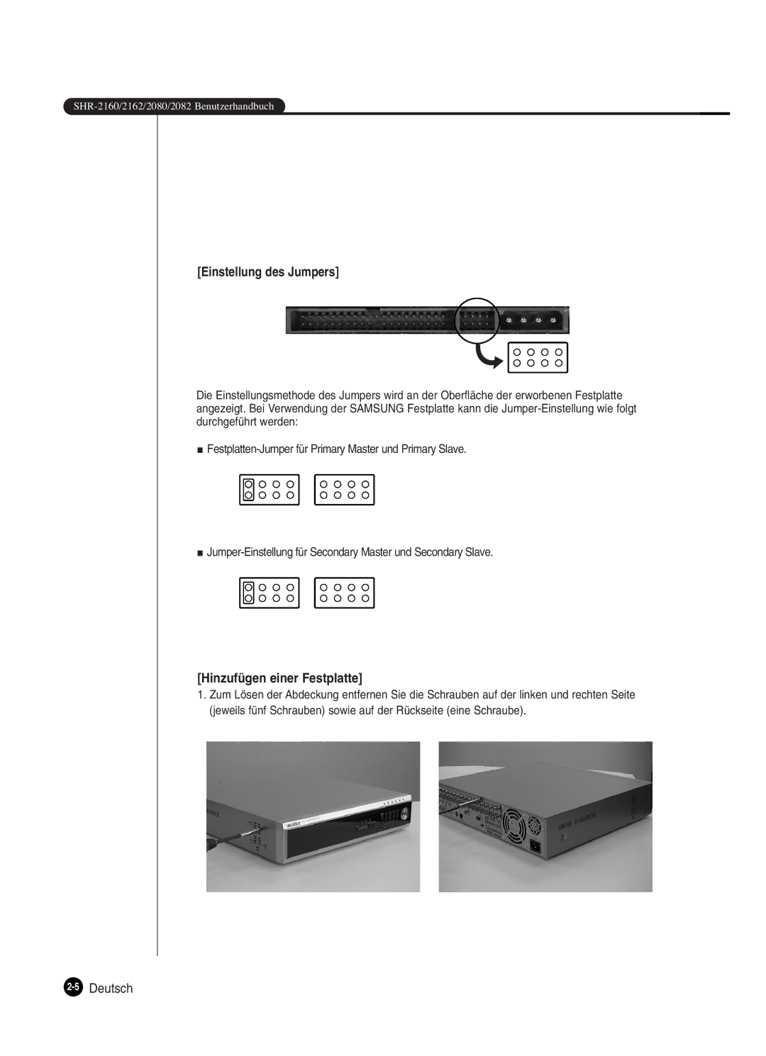 Samsung SHR-2160P250, SHR-2082P250, SHR-2080P250, SHR-2162P250 manual Einstellung des Jumpers, 5Deutsch 