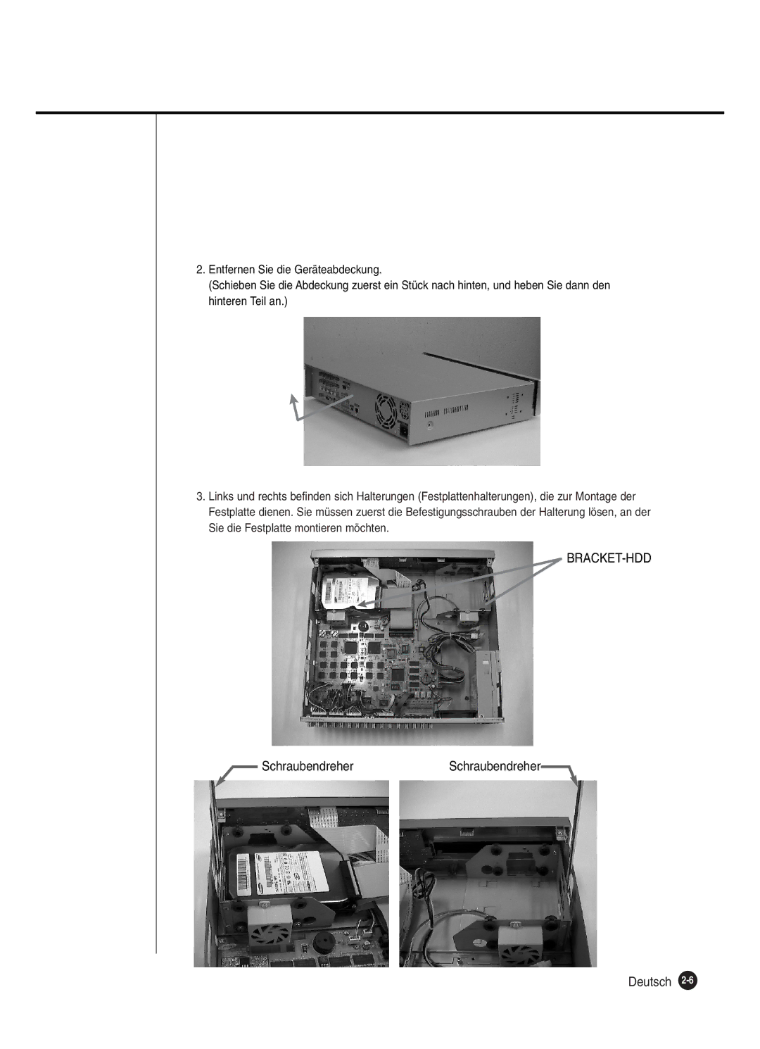 Samsung SHR-2162P250, SHR-2082P250, SHR-2080P250, SHR-2160P250 manual Bracket-Hdd, SchraubendreherSchraubendreher Deutsch 