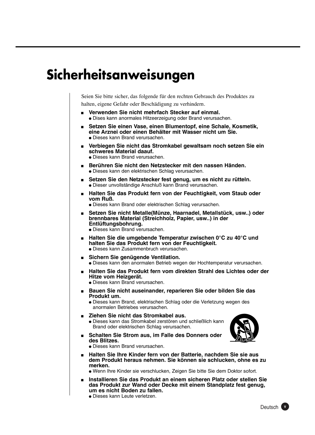 Samsung SHR-2162P250, SHR-2160P, SHR-2082P250 manual Sicherheitsanweisungen, Verwenden Sie nicht mehrfach Stecker auf einmal 