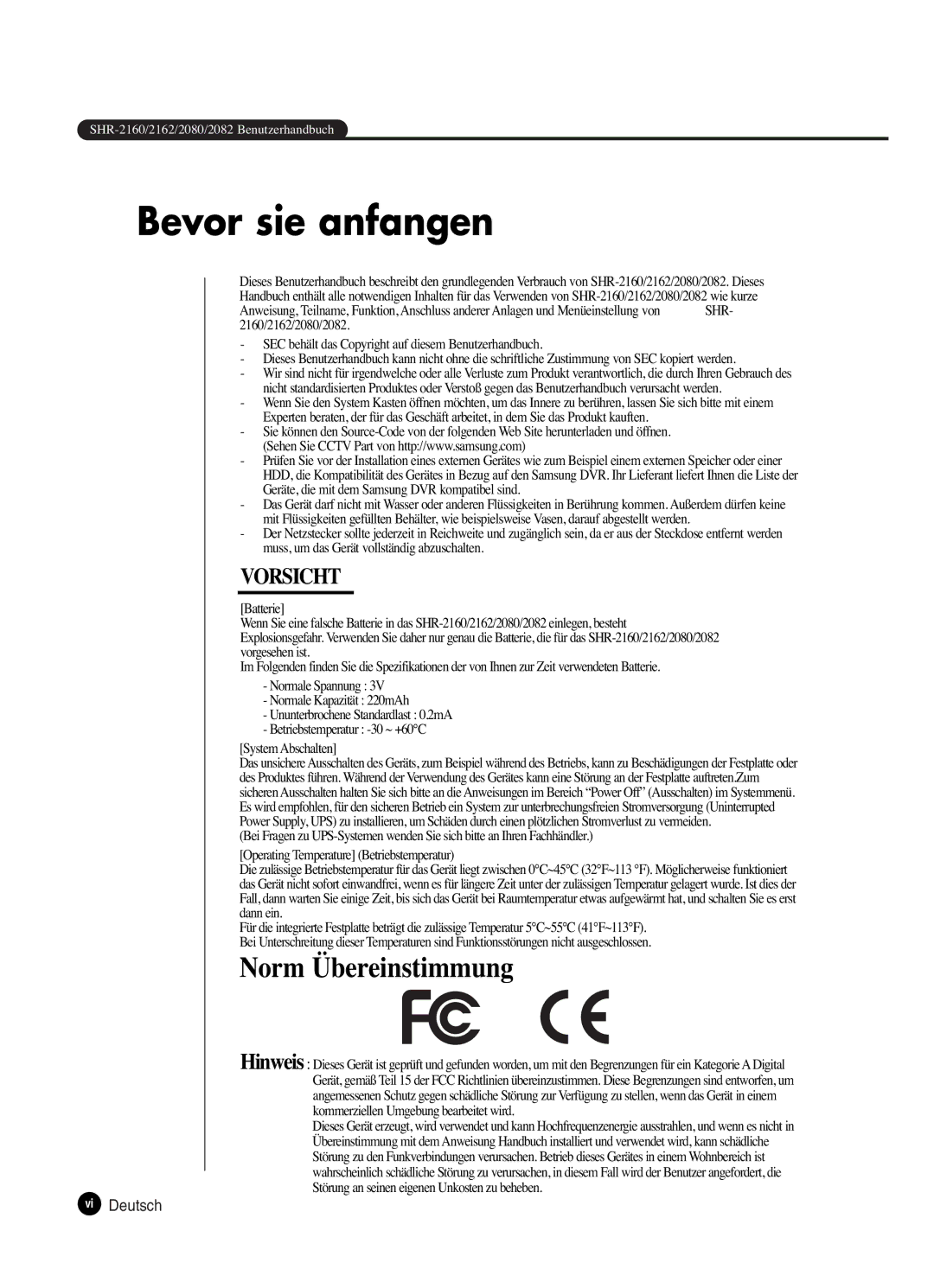 Samsung SHR-2082P250, SHR-2080P250, SHR-2160P250, SHR-2162P250 manual Bevor sie anfangen, Vi Deutsch 