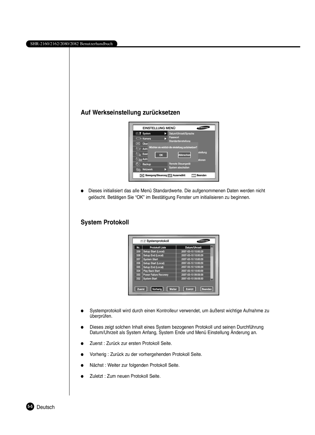 Samsung SHR-2082P250, SHR-2162P, SHR-2080P250, SHR-2160P250 manual Auf Werkseinstellung zurücksetzen, System Protokoll 