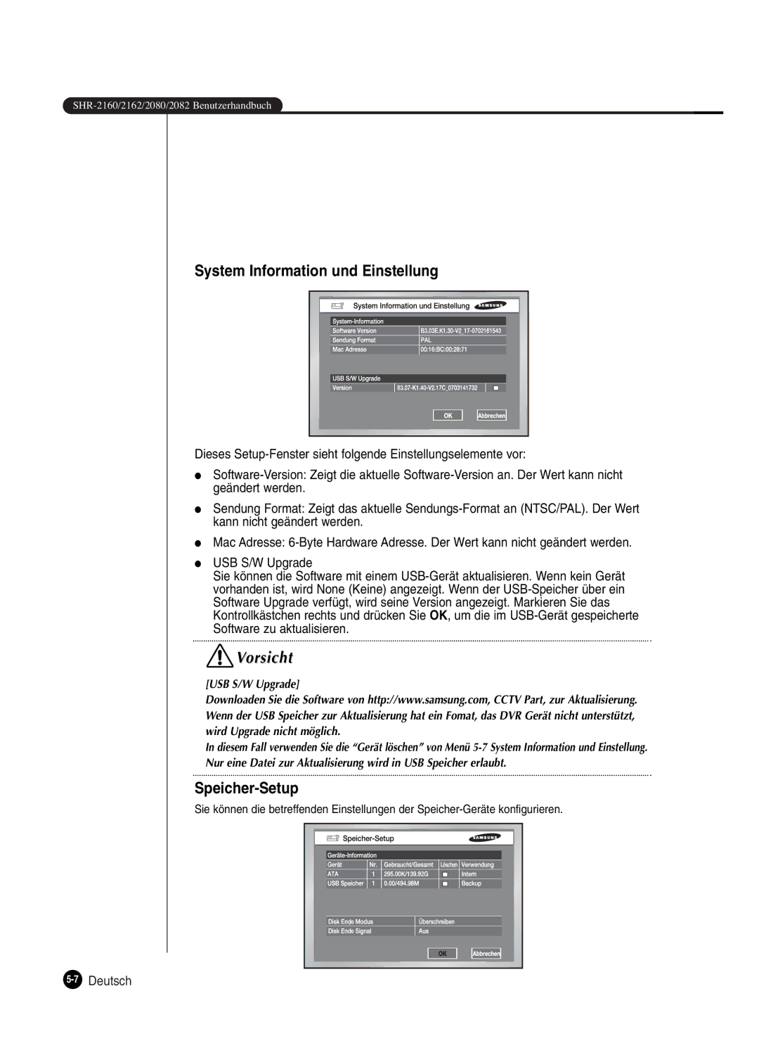 Samsung SHR-2160P250, SHR-2082P250, SHR-2080P250, SHR-2162P250 manual System Information und Einstellung, Speicher-Setup 