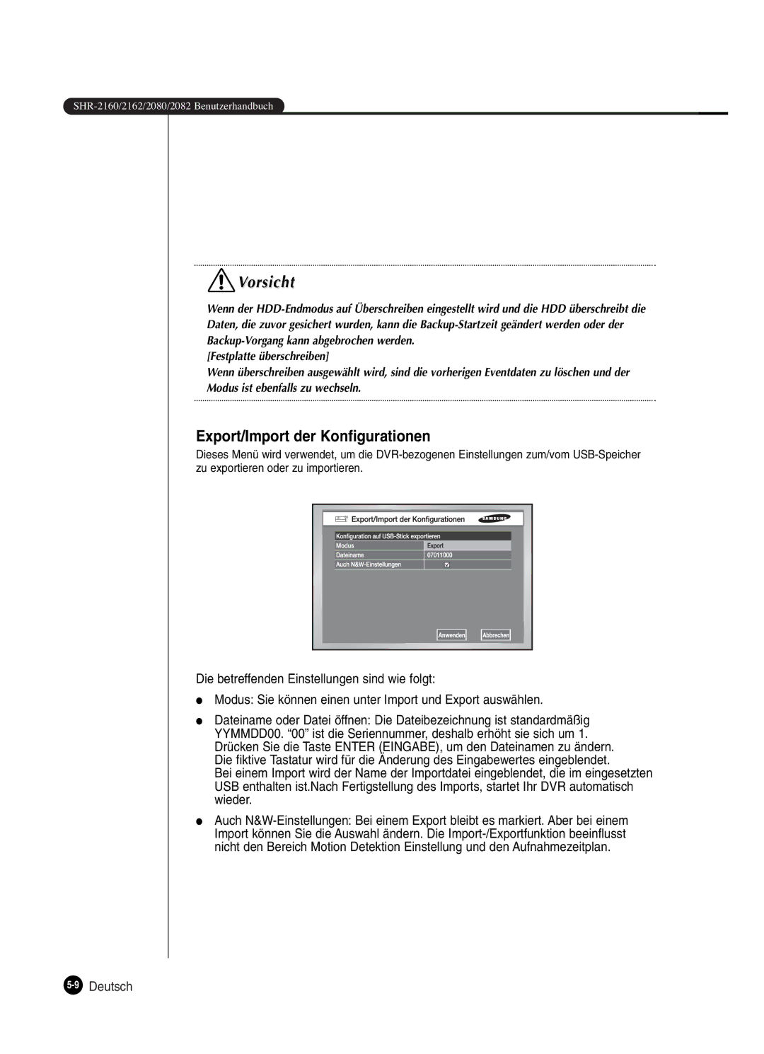 Samsung SHR-2082P250, SHR-2080P250, SHR-2160P250, SHR-2162P250 manual Export/Import der Konfigurationen, 9Deutsch 