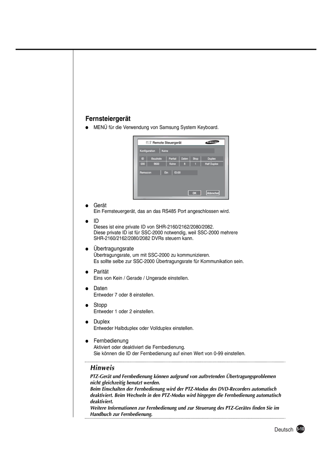 Samsung SHR-2082P250, SHR-2080P250, SHR-2160P250, SHR-2162P250 manual Fernsteiergerät 