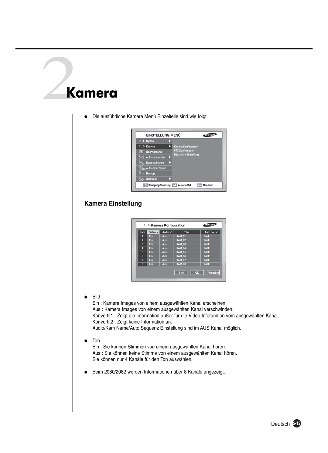 Samsung SHR-2080P250, SHR-2082P250, SHR-2160P250, SHR-2162P250 manual 2Kamera, Kamera Einstellung 