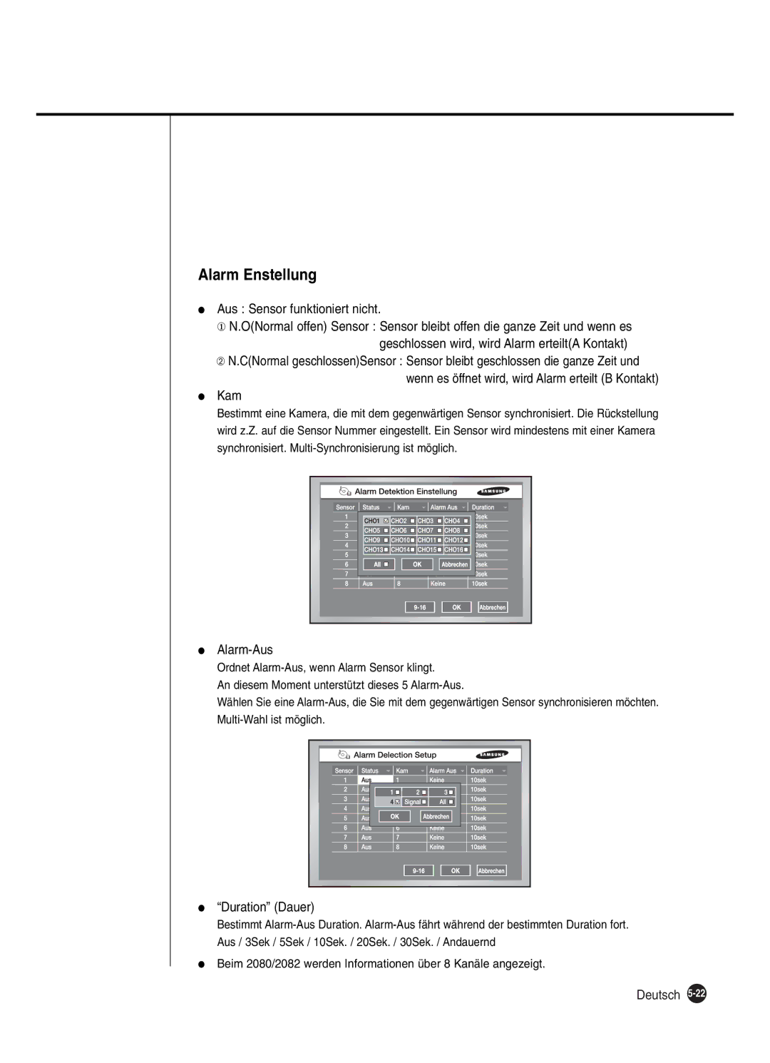 Samsung SHR-2160P, SHR-2162P, SHR-2082P250 Alarm Enstellung, Aus Sensor funktioniert nicht, Kam, Alarm-Aus, Duration Dauer 