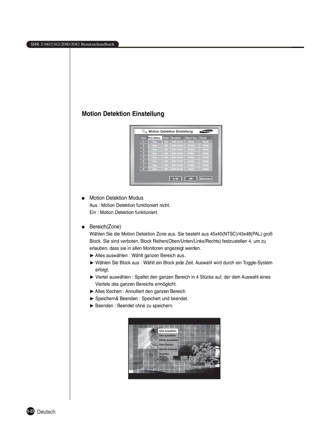 Samsung SHR-2082P250, SHR-2162P, SHR-2160P Motion Detektion Einstellung, Motion Detektion Modus, BereichZone, 23Deutsch 