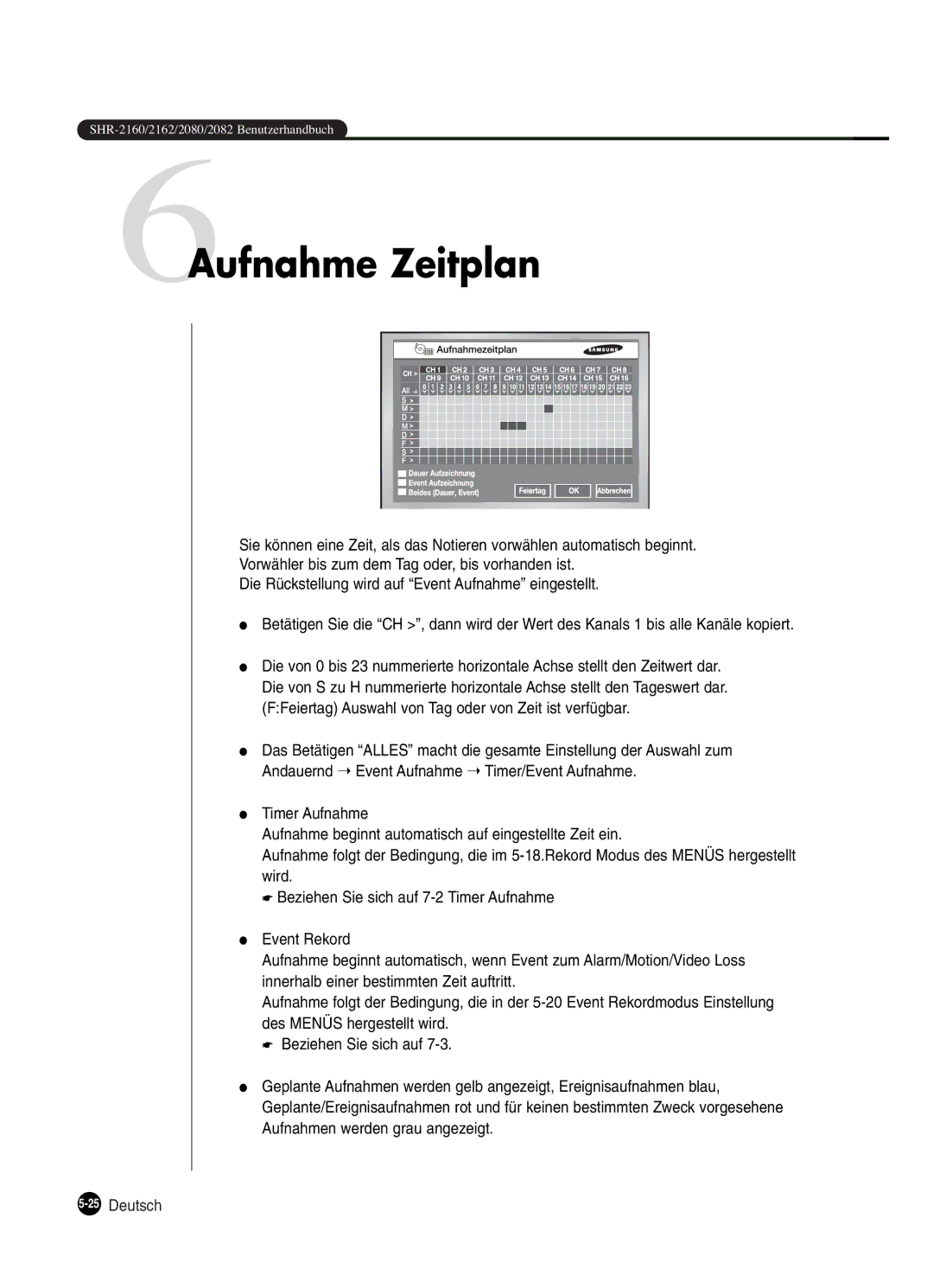 Samsung SHR-2160P250, SHR-2082P250, SHR-2080P250, SHR-2162P250 manual 6Aufnahme Zeitplan, 25Deutsch 