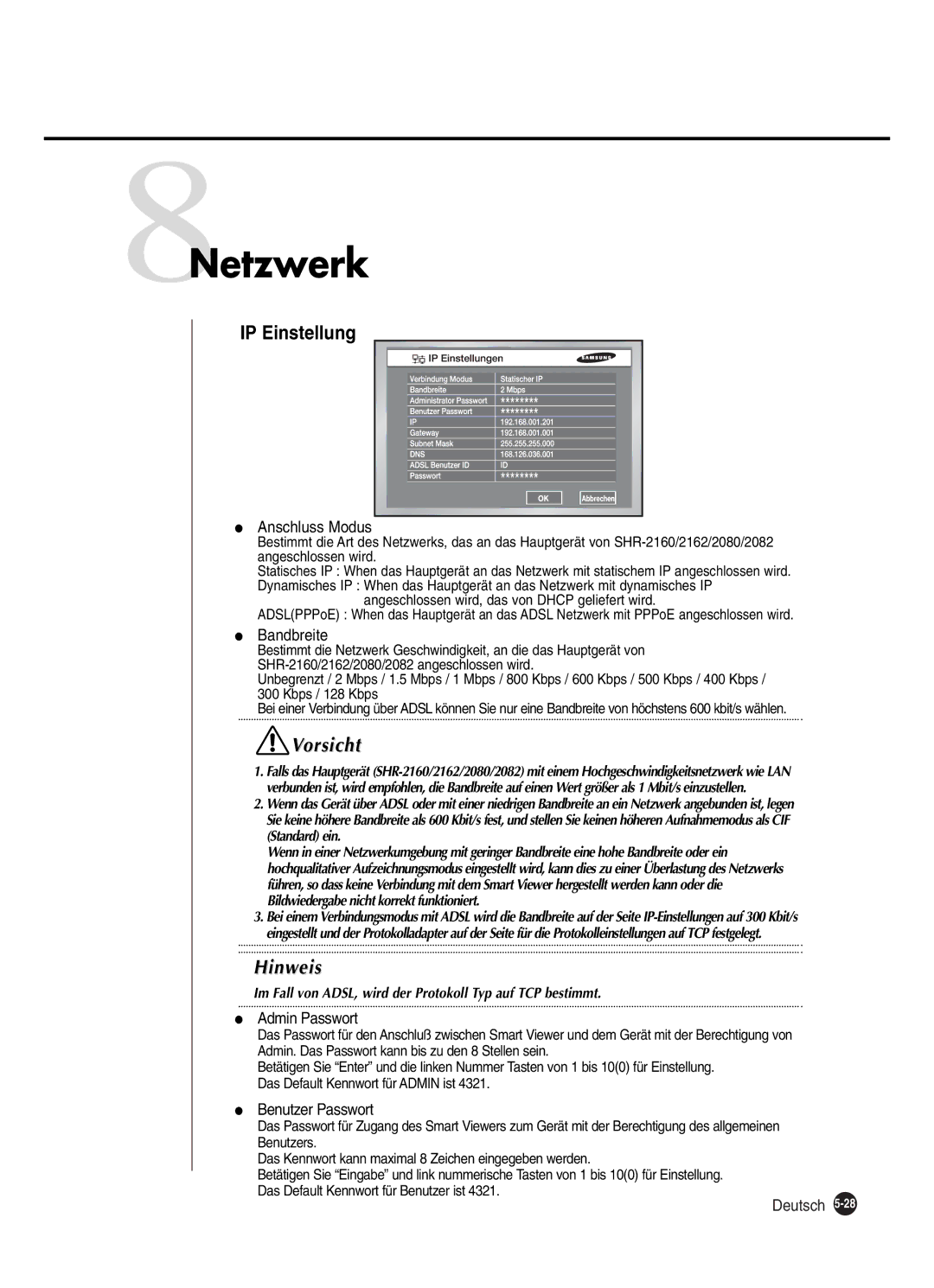 Samsung SHR-2082P250, SHR-2080P250, SHR-2160P250, SHR-2162P250 manual 8Netzwerk, IP Einstellung 