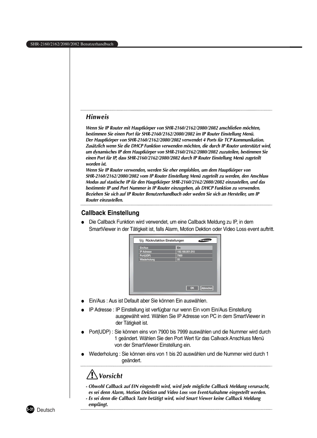 Samsung SHR-2160P250, SHR-2082P250, SHR-2080P250, SHR-2162P250 manual Callback Einstellung, 31Deutsch 