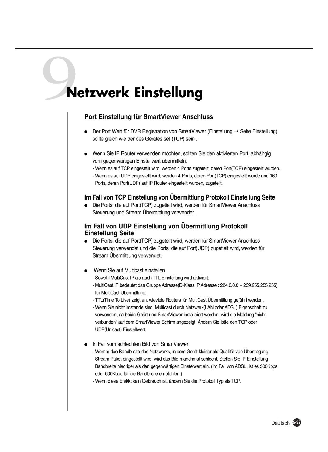 Samsung SHR-2162P250, SHR-2160P, SHR-2082P250 manual 9Netzwerk Einstellung, Port Einstellung für SmartViewer Anschluss 