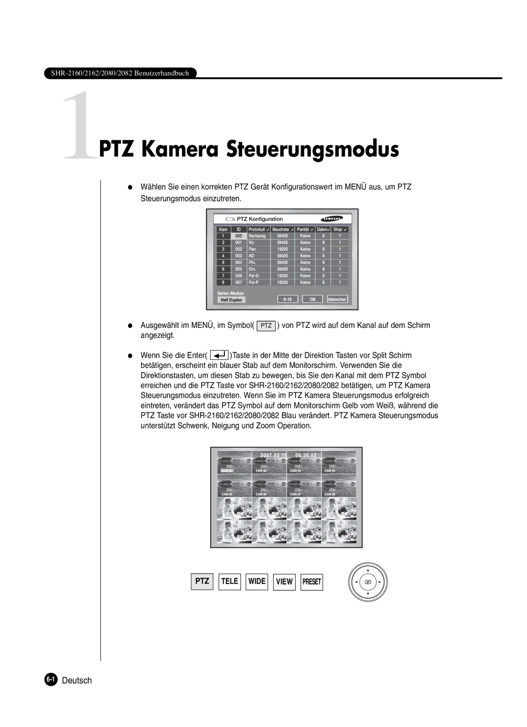 Samsung SHR-2082P250, SHR-2162P, SHR-2160P manual 1PTZ Kamera Steuerungsmodus, Von PTZ wird auf dem Kanal auf dem Schirm 