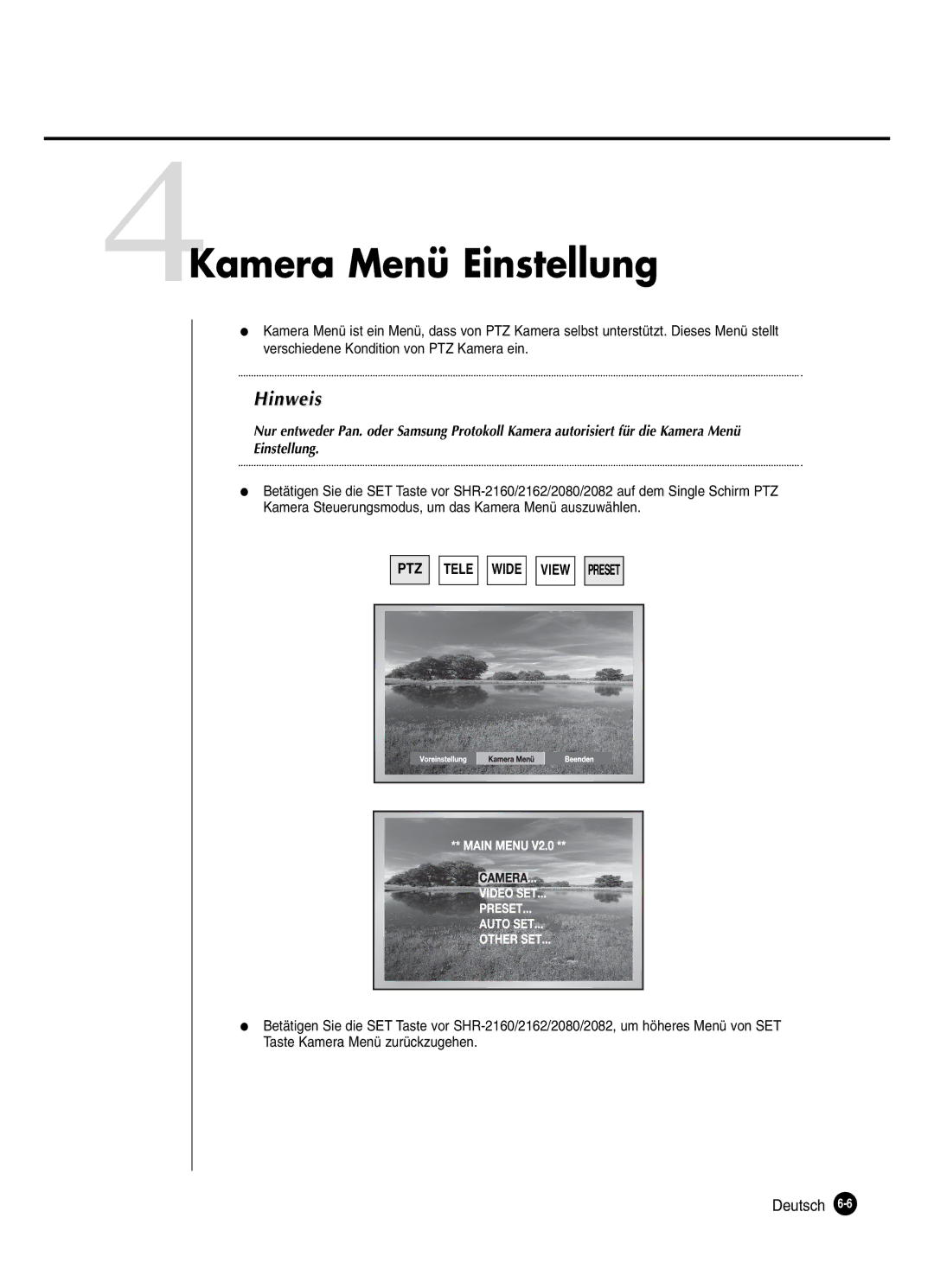 Samsung SHR-2082P250, SHR-2080P250, SHR-2160P250, SHR-2162P250 manual 4Kamera Menü Einstellung 