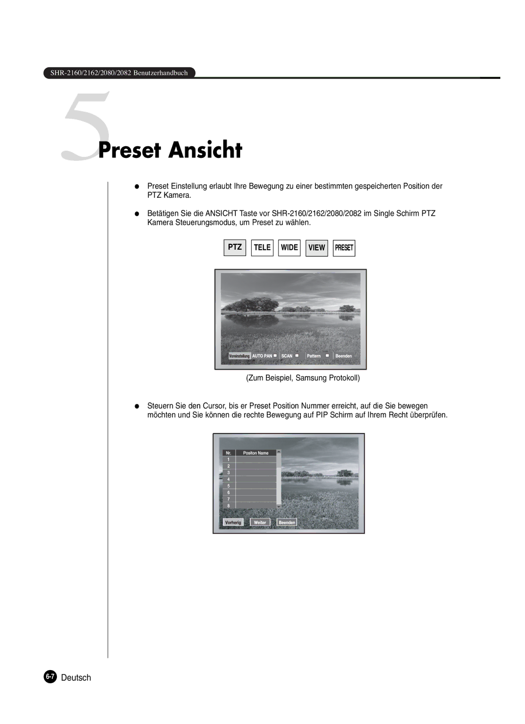 Samsung SHR-2082P250, SHR-2080P250, SHR-2160P250, SHR-2162P250 manual 5Preset Ansicht, Zum Beispiel, Samsung Protokoll 