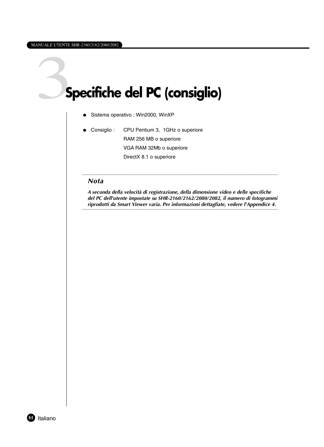 Samsung SHR-2082P250, SHR-2080P250, SHR-2160P250, SHR-2162P250 manual 3Specifiche del PC consiglio, 3Italiano 