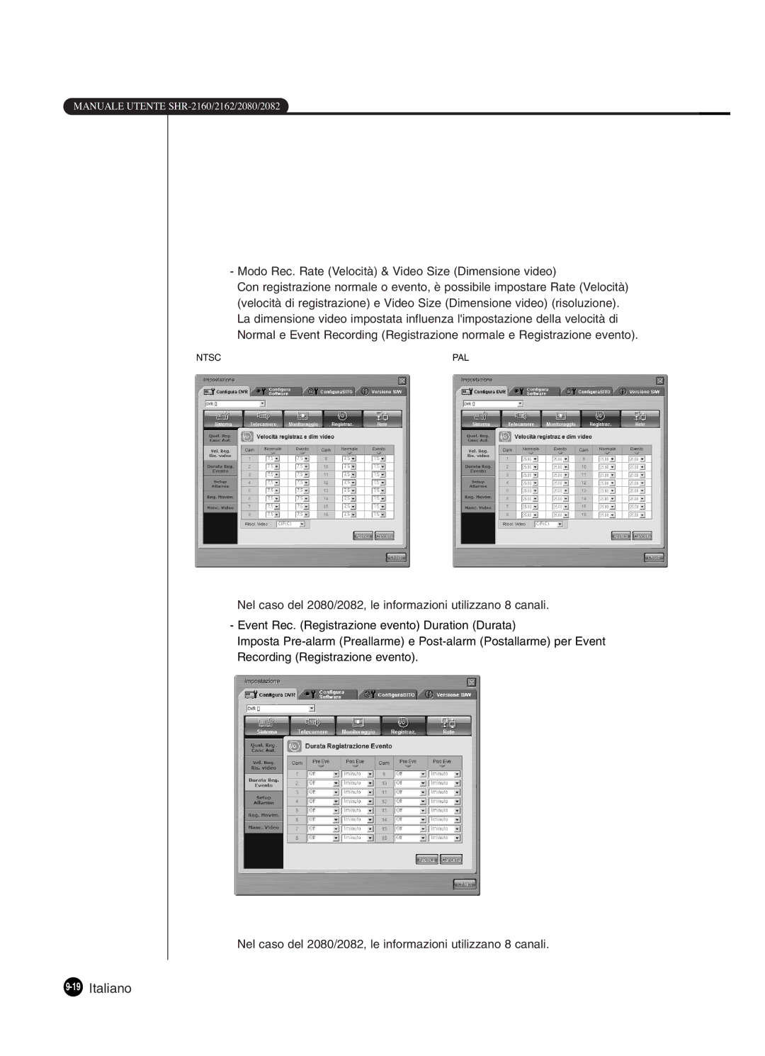 Samsung SHR-2160P250, SHR-2162P, SHR-2082P250 manual 19Italiano, Modo Rec. Rate Velocità & Video Size Dimensione video 