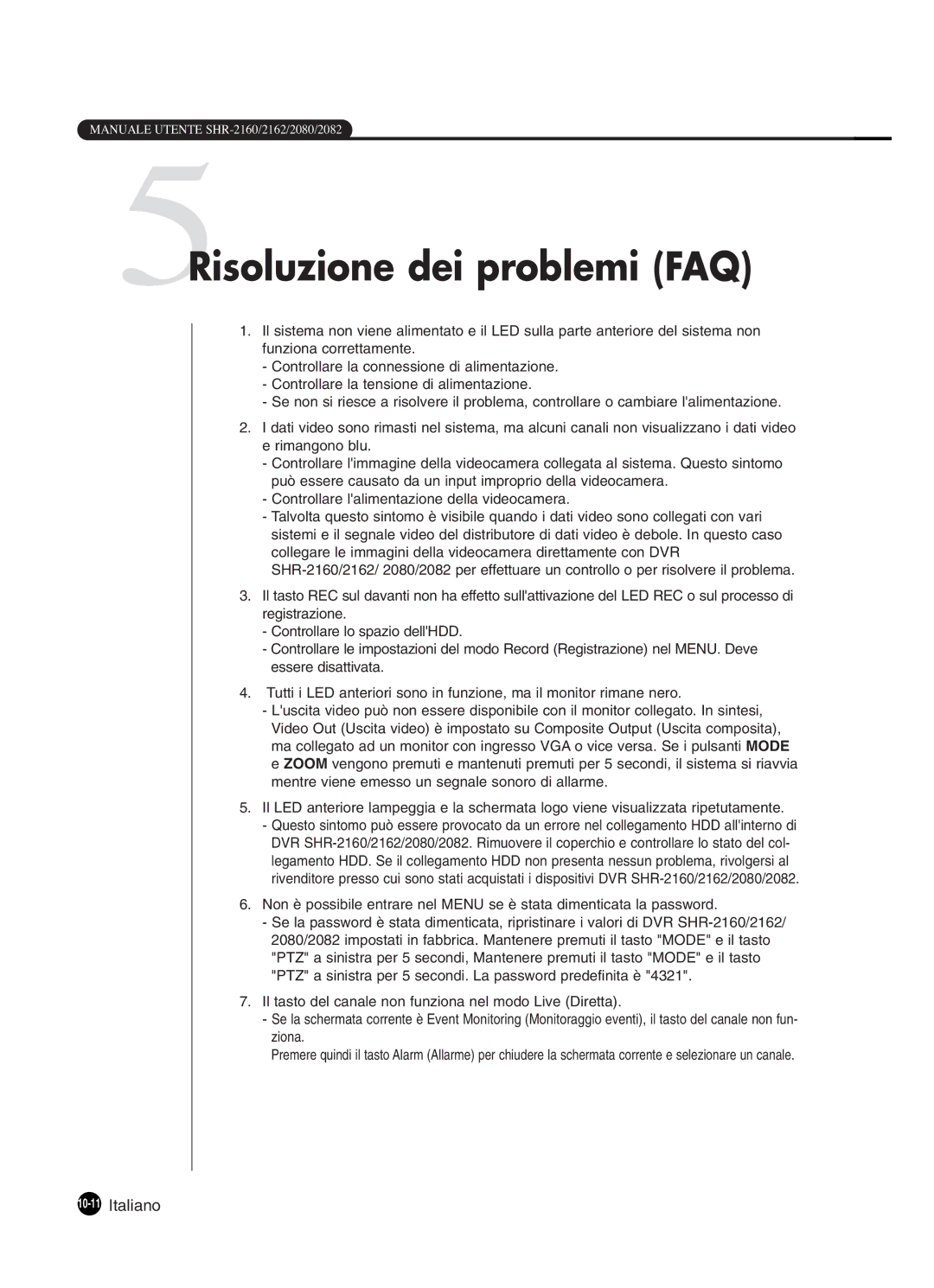 Samsung SHR-2160P250, SHR-2082P250, SHR-2080P250, SHR-2162P250 manual 5Risoluzione dei problemi FAQ, 10-11Italiano 