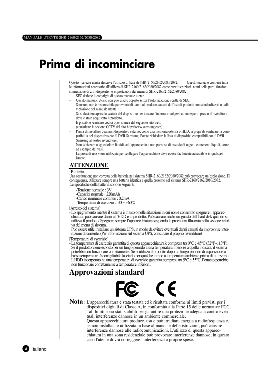 Samsung SHR-2082P250, SHR-2080P250, SHR-2160P250, SHR-2162P250 manual Prima di incominciare, Vi Italiano 