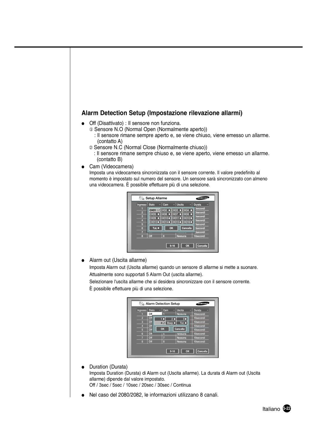 Samsung SHR-2160P manual Alarm Detection Setup Impostazione rilevazione allarmi, Alarm out Uscita allarme, Duration Durata 