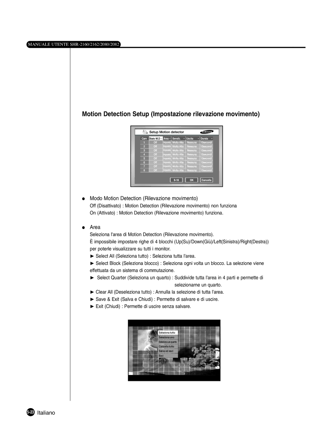 Samsung SHR-2082P250, SHR-2162P, SHR-2160P manual Motion Detection Setup Impostazione rilevazione movimento, Area, 23Italiano 