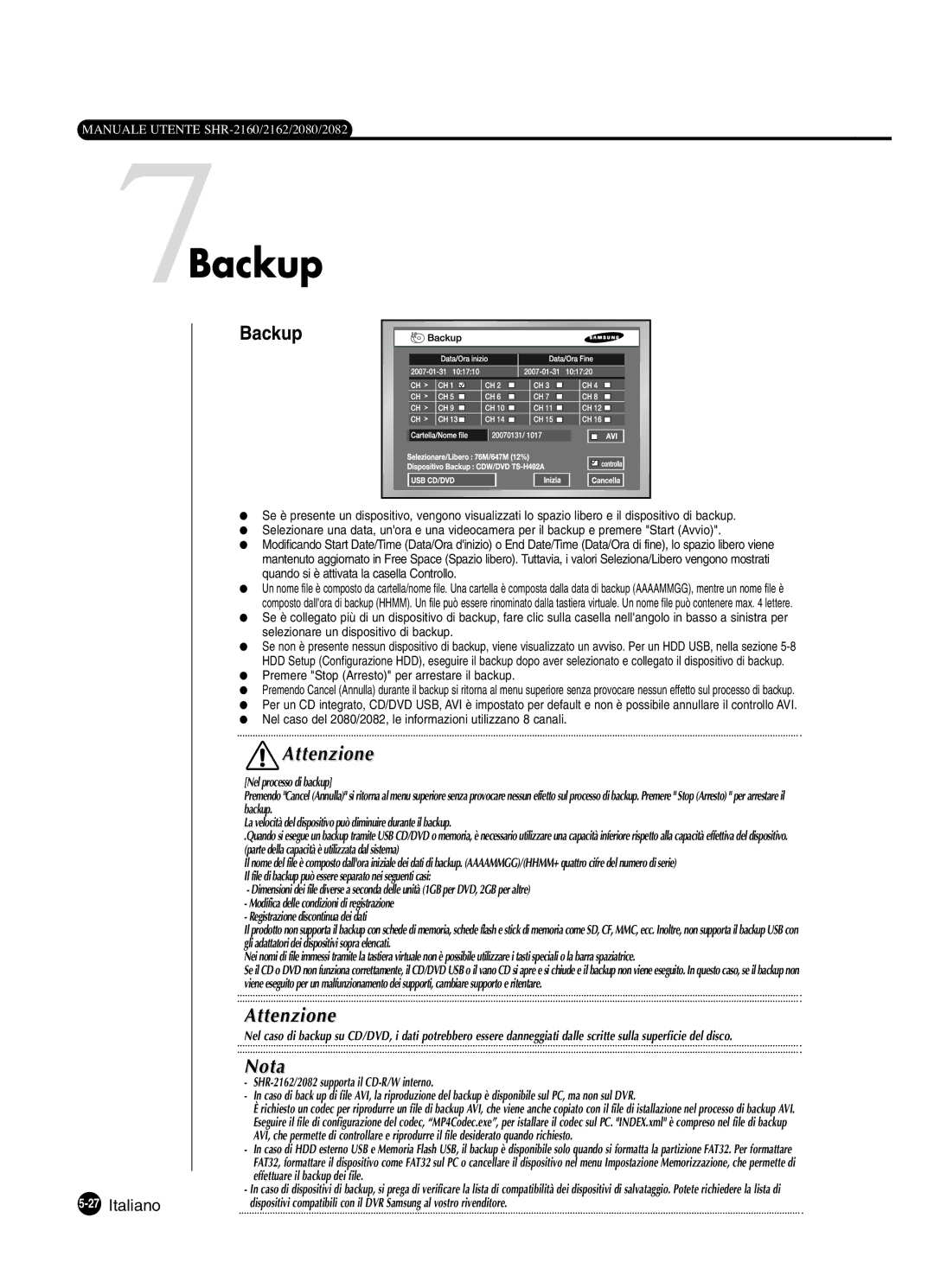 Samsung SHR-2082P250, SHR-2080P250, SHR-2160P250, SHR-2162P250 manual 7Backup 