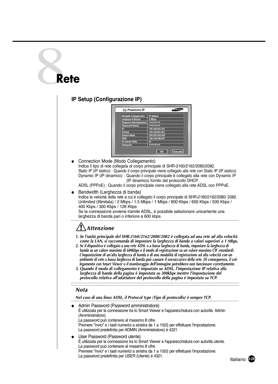 Samsung SHR-2082P250, SHR-2080P250, SHR-2160P250, SHR-2162P250 manual 8Rete, IP Setup Configurazione IP 