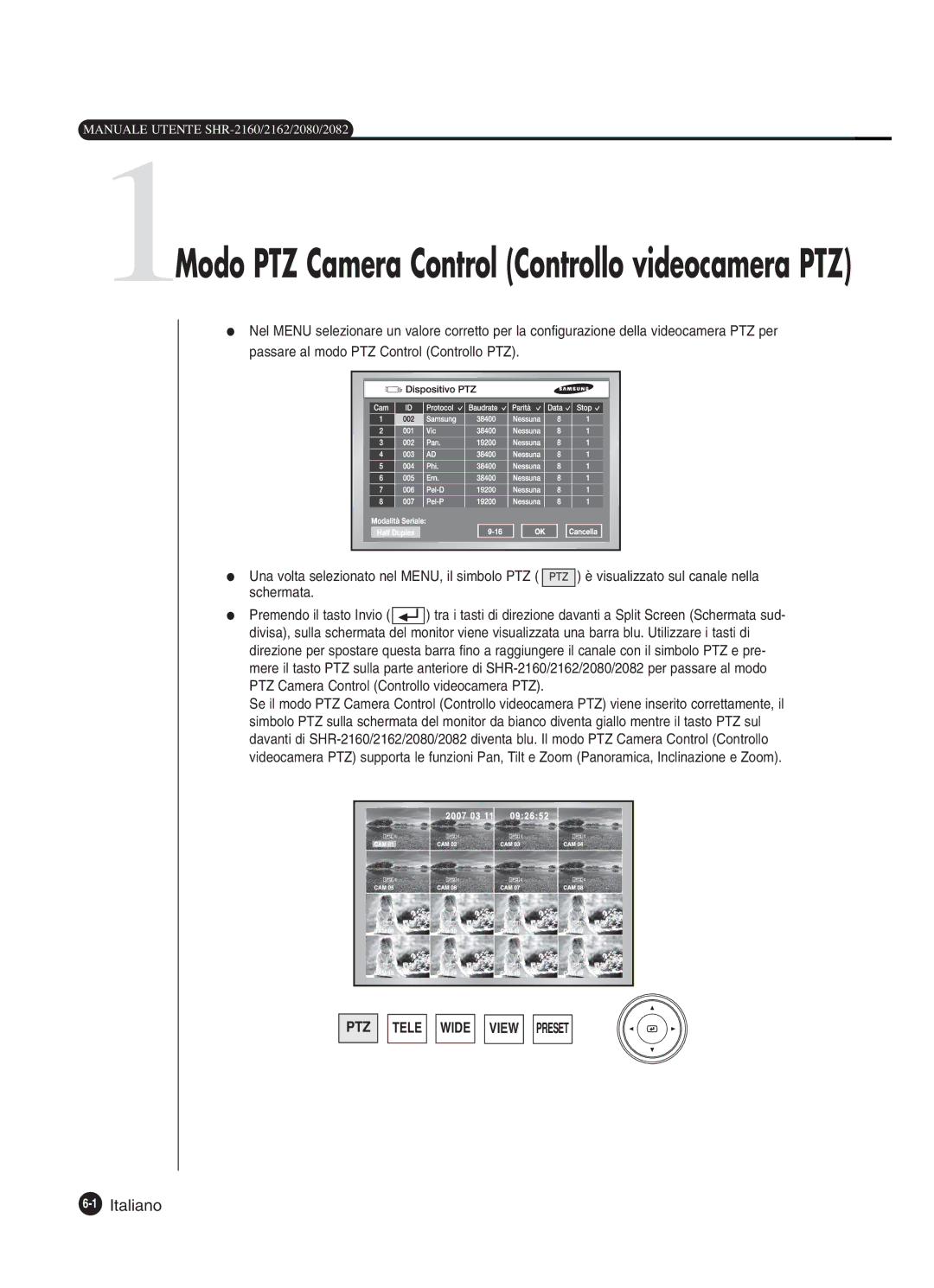 Samsung SHR-2082P250, SHR-2162P, SHR-2080P250, SHR-2160P250 manual 1Modo PTZ Camera Control Controllo videocamera PTZ 