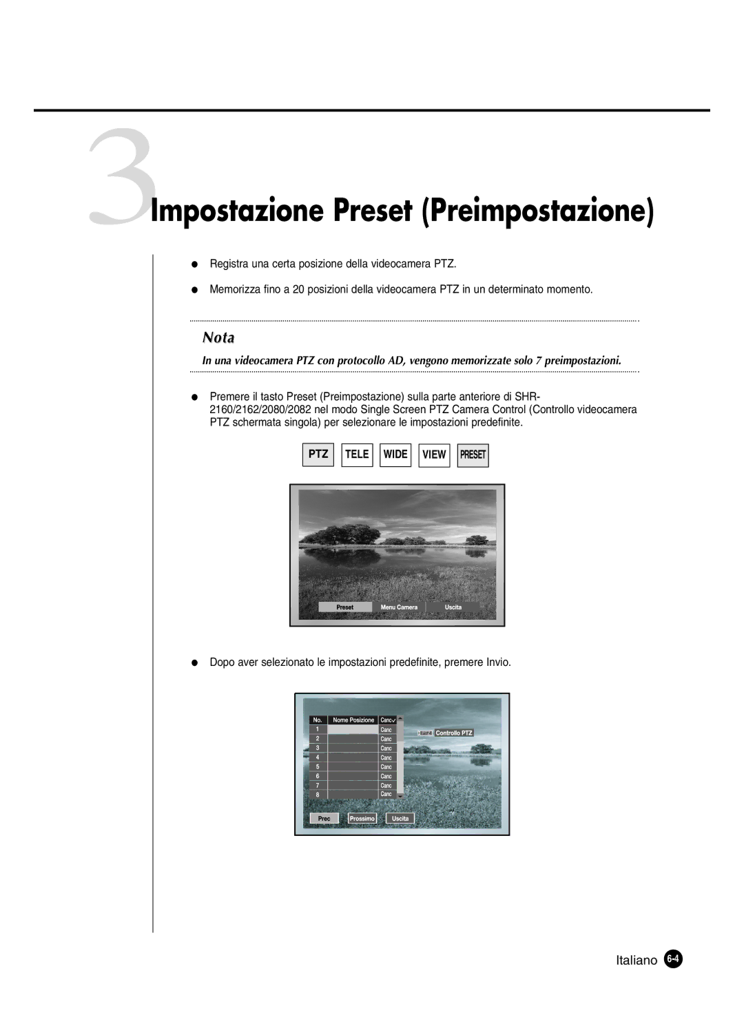 Samsung SHR-2162P250, SHR-2082P250, SHR-2080P250, SHR-2160P250 manual 3Impostazione Preset Preimpostazione 