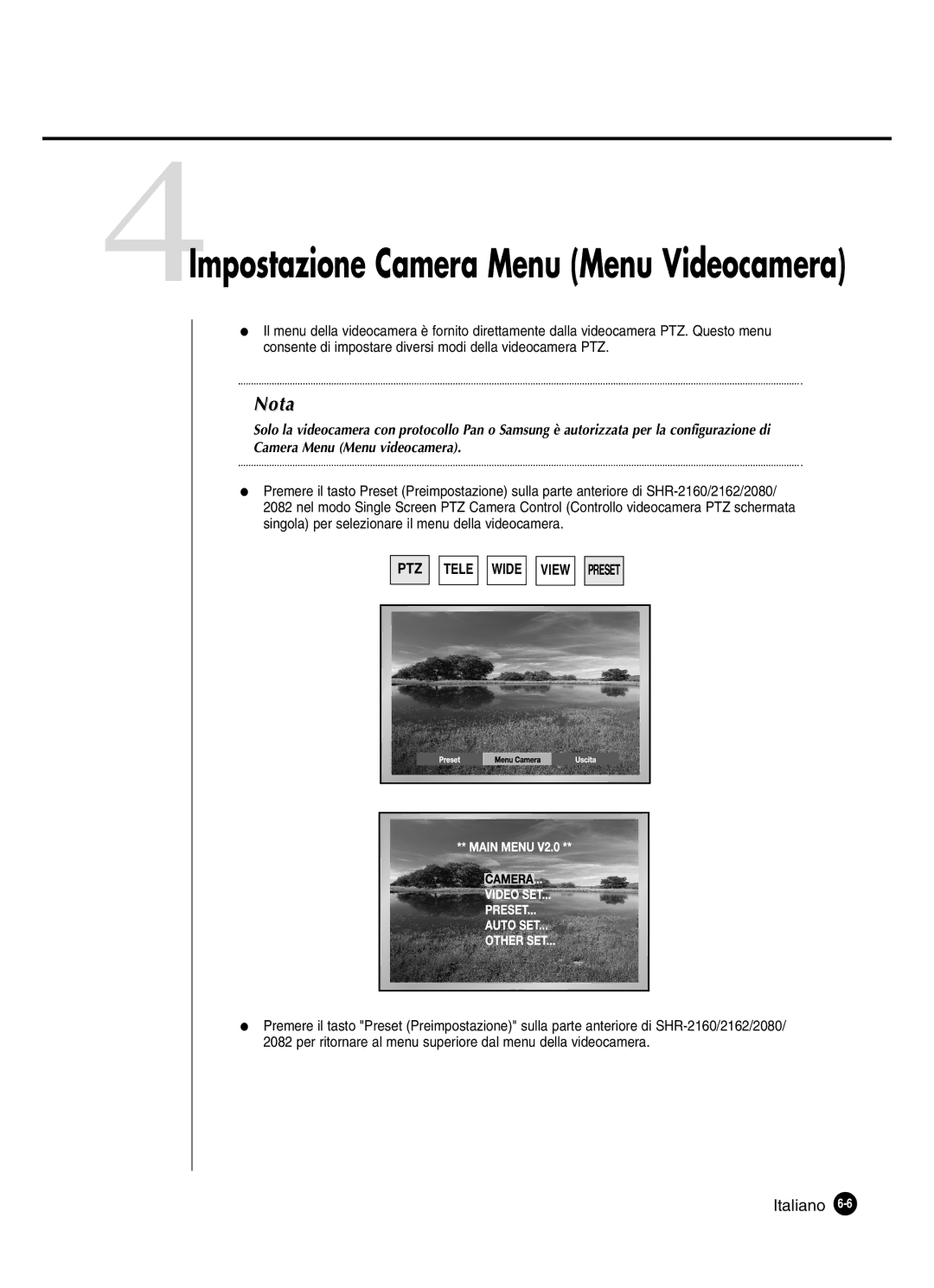 Samsung SHR-2082P250, SHR-2080P250, SHR-2160P250, SHR-2162P250 manual 4Impostazione Camera Menu Menu Videocamera 