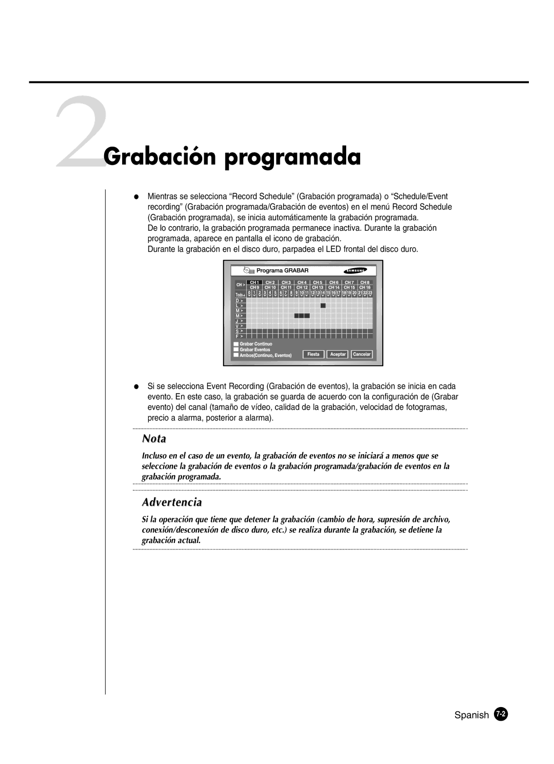 Samsung SHR-2160P/XEC, SHR-2162P, SHR-2160P2/XEC, SHR-2080P2/XEC manual 2Grabación programada, Spanish 