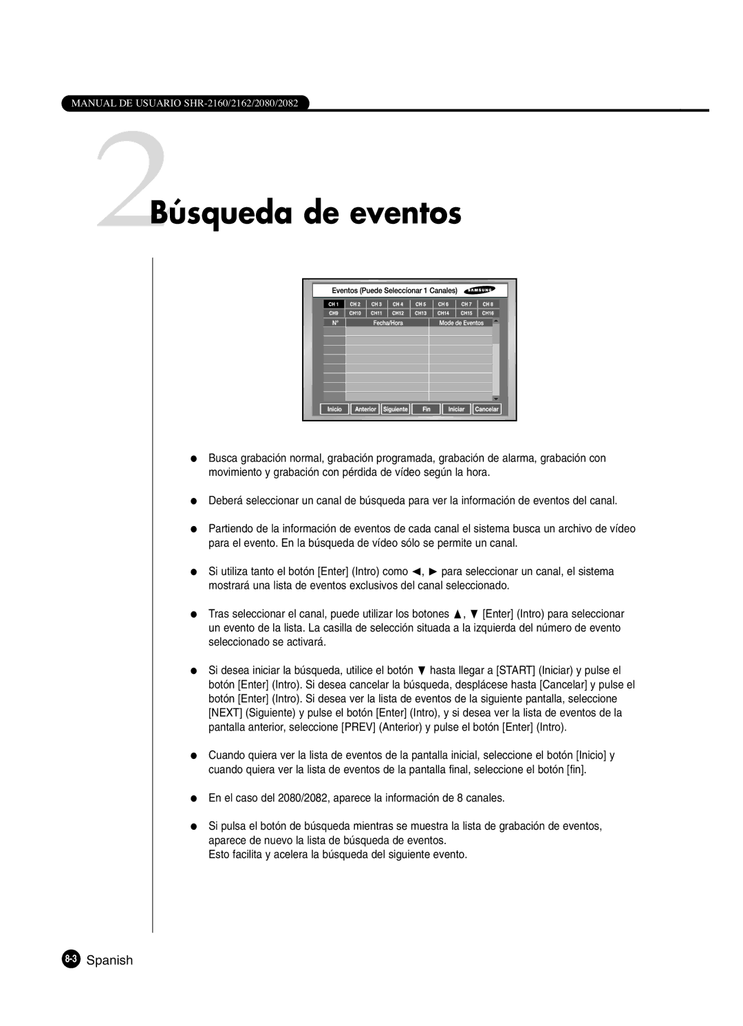 Samsung SHR-2160P/XEC, SHR-2162P, SHR-2160P2/XEC, SHR-2080P2/XEC manual 2Búsqueda de eventos, 3Spanish 