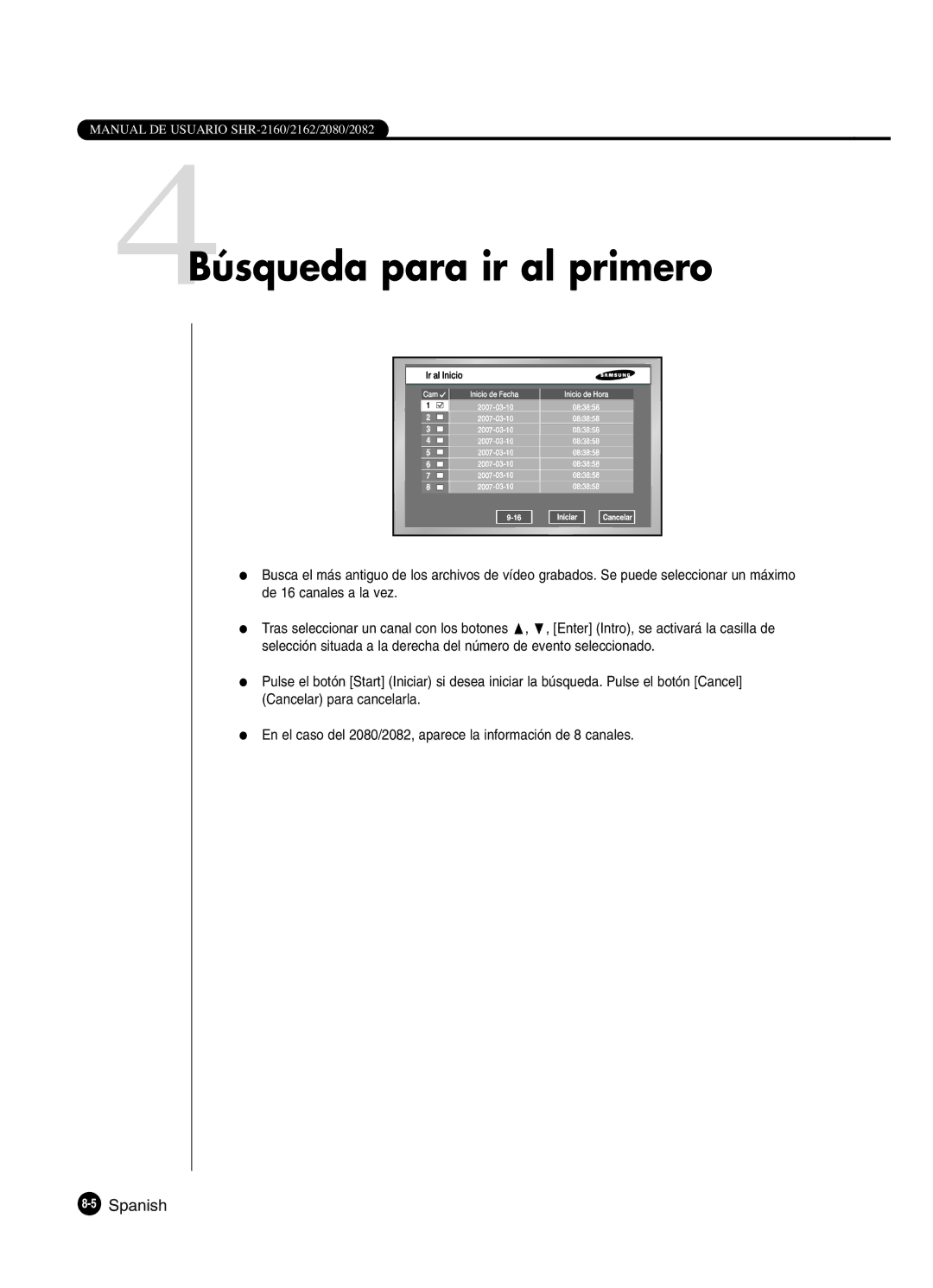 Samsung SHR-2162P, SHR-2160P2/XEC, SHR-2160P/XEC, SHR-2080P2/XEC manual 4Búsqueda para ir al primero, 5Spanish 