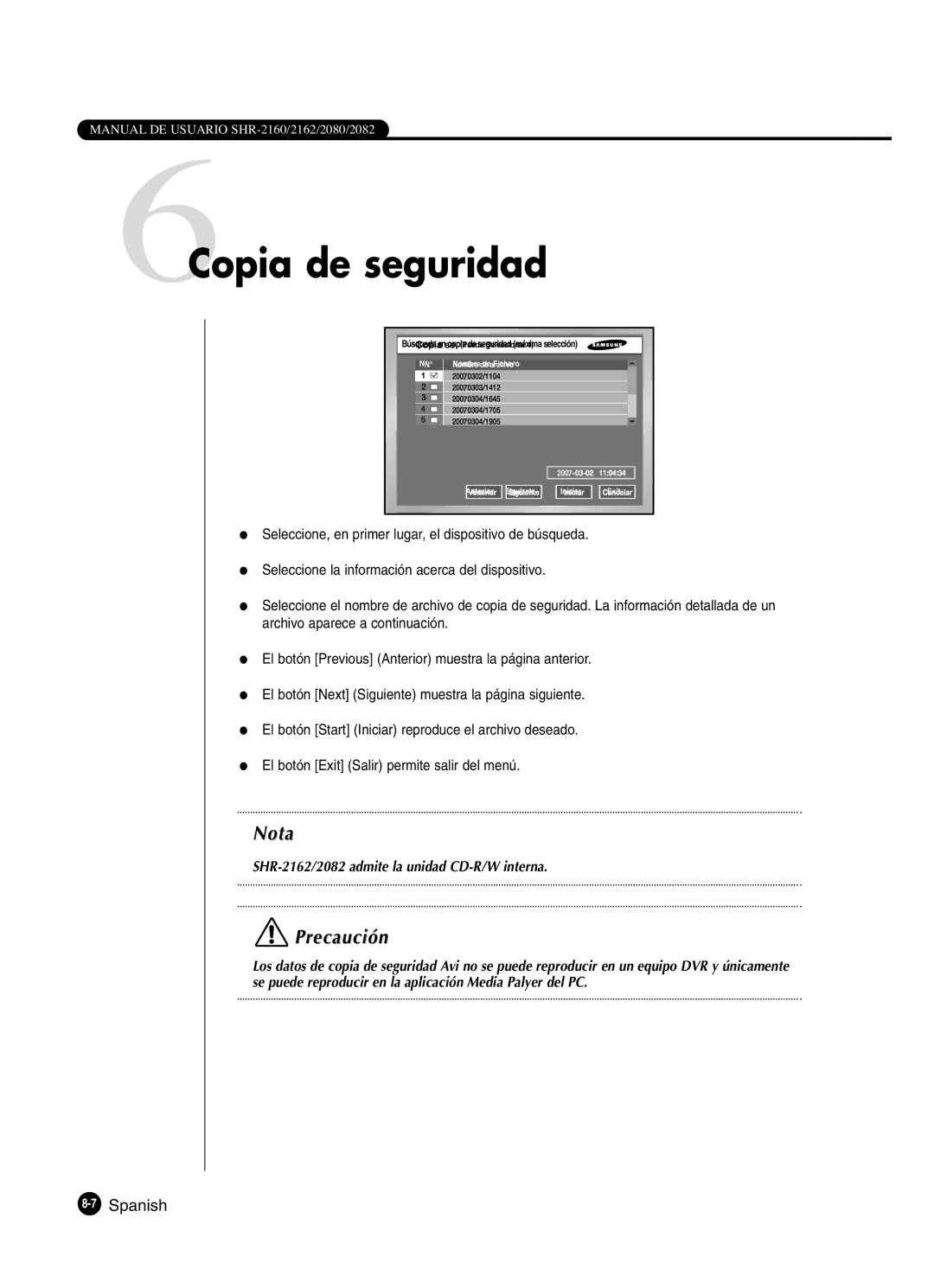 Samsung SHR-2160P2/XEC, SHR-2162P, SHR-2160P/XEC, SHR-2080P2/XEC manual 6Copia de seguridad, 7Spanish 