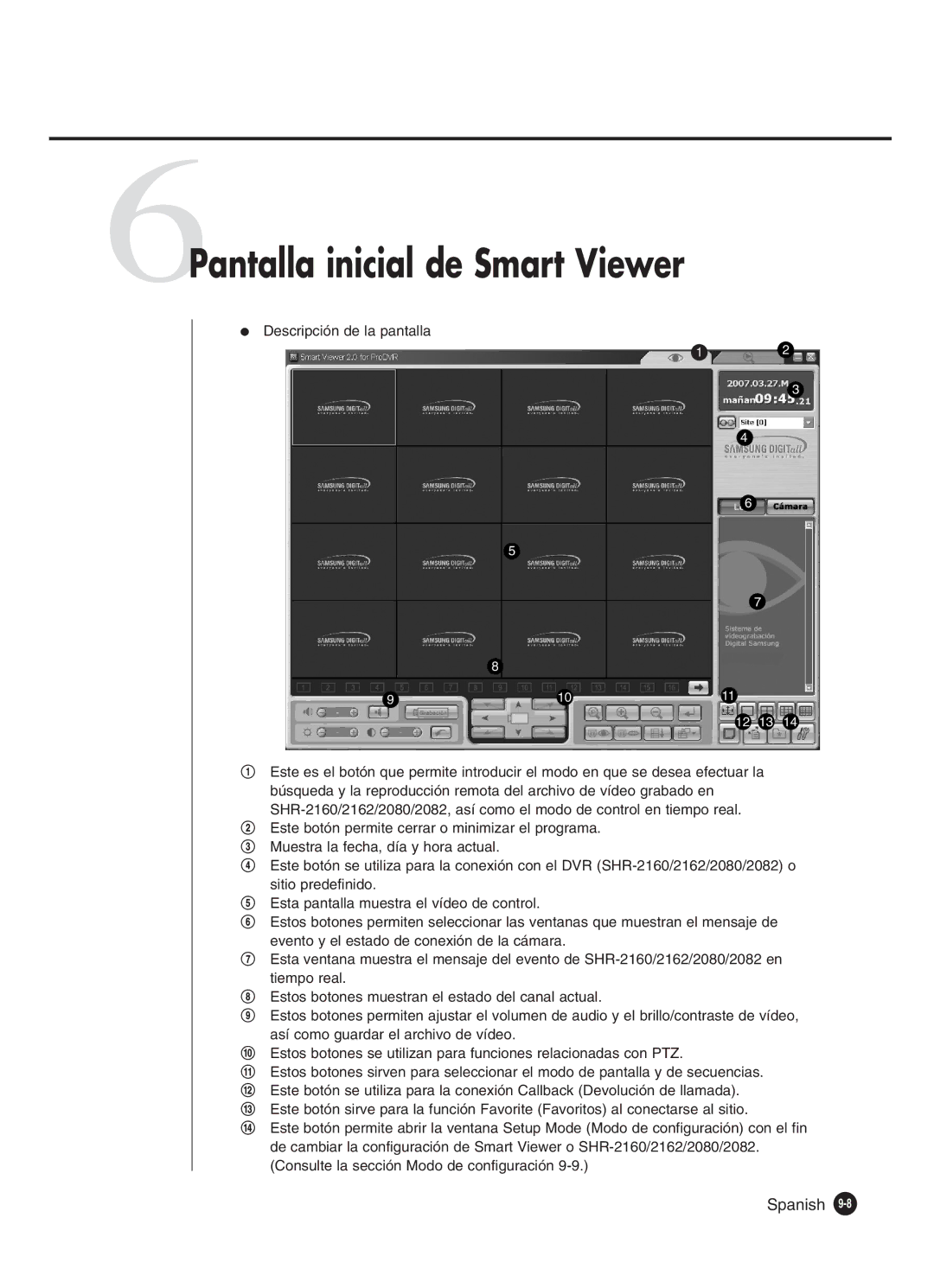 Samsung SHR-2162P, SHR-2160P2/XEC, SHR-2160P/XEC manual 6Pantalla inicial de Smart Viewer, Descripción de la pantalla 