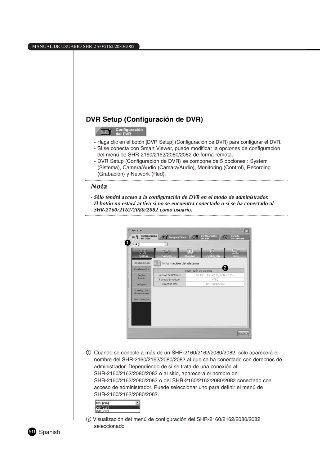 Samsung SHR-2160P/XEC, SHR-2162P, SHR-2160P2/XEC, SHR-2080P2/XEC manual DVR Setup Configuración de DVR, 11Spanish 