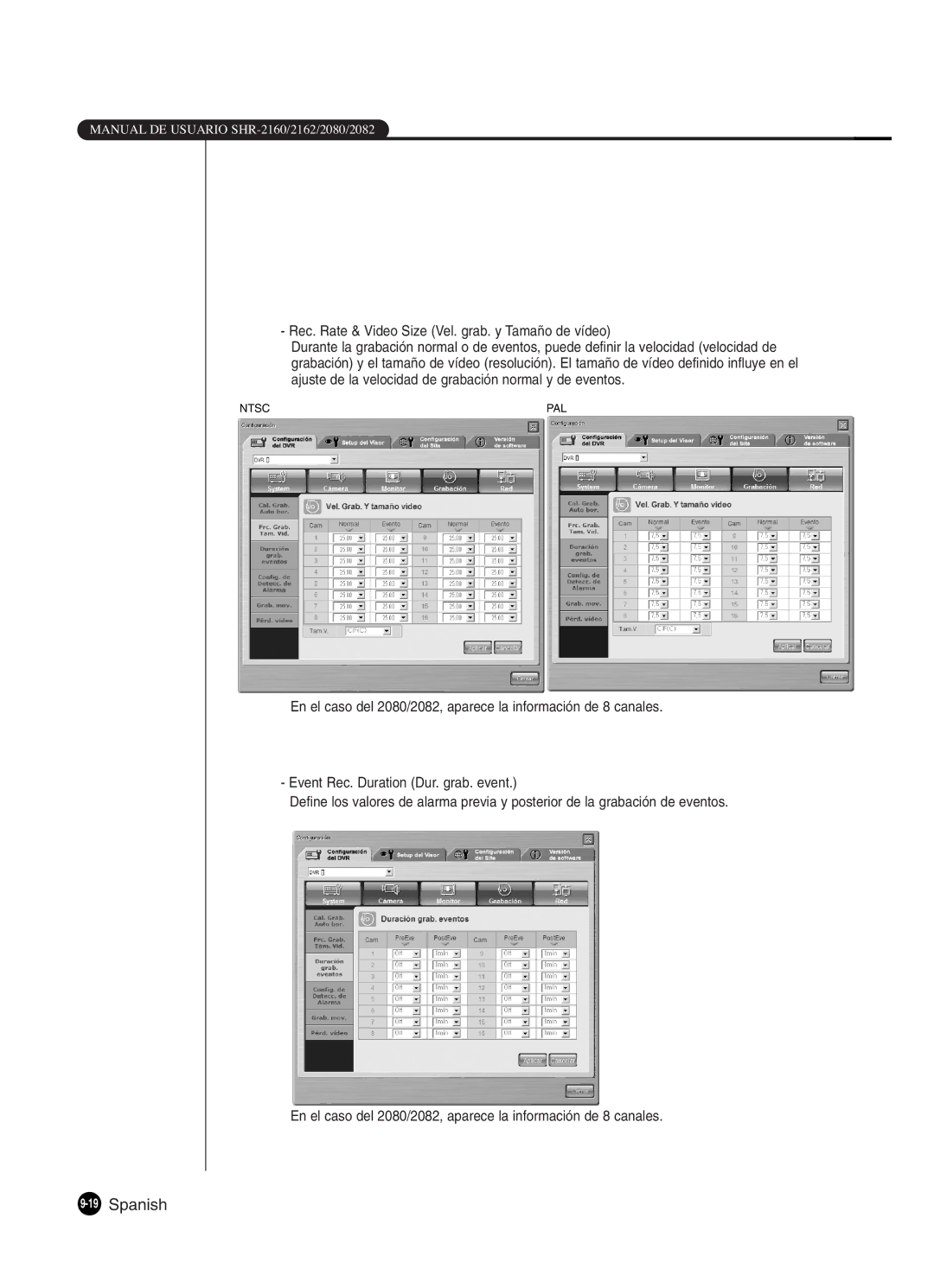 Samsung SHR-2162P, SHR-2160P2/XEC, SHR-2160P/XEC manual 19Spanish, Rec. Rate & Video Size Vel. grab. y Tamaño de vídeo 