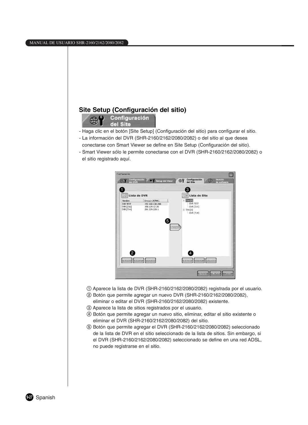 Samsung SHR-2080P2/XEC, SHR-2162P, SHR-2160P2/XEC, SHR-2160P/XEC manual Site Setup Configuración del sitio, 27Spanish 