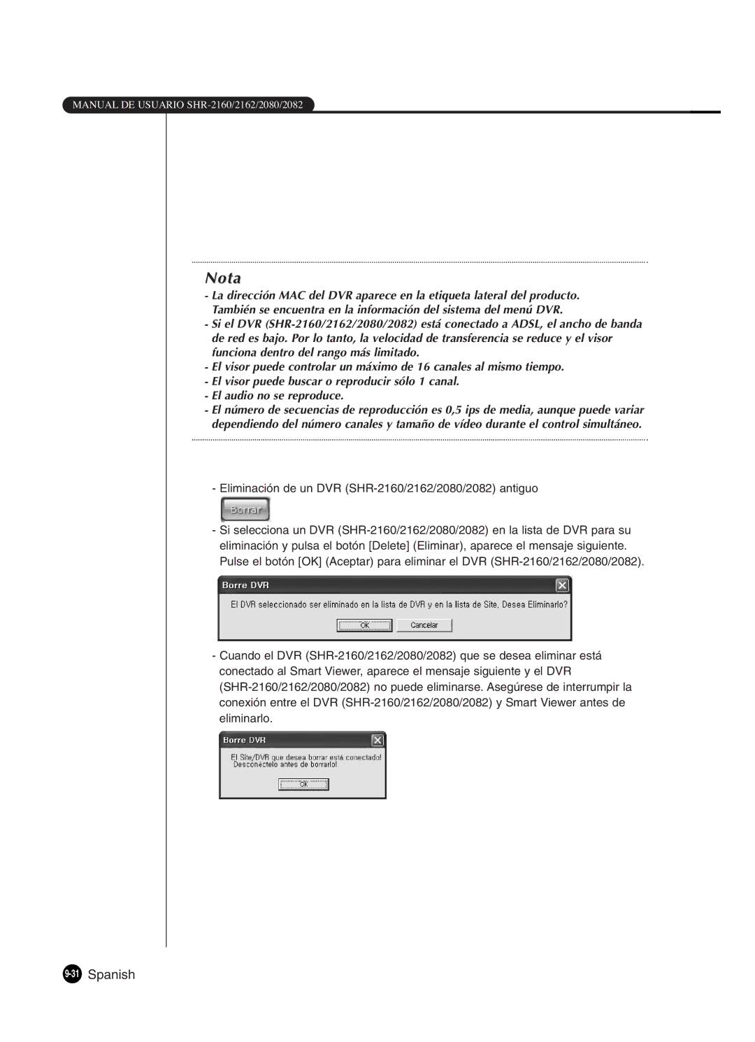 Samsung SHR-2160P/XEC, SHR-2162P, SHR-2160P2/XEC manual 31Spanish, Eliminación de un DVR SHR-2160/2162/2080/2082 antiguo 