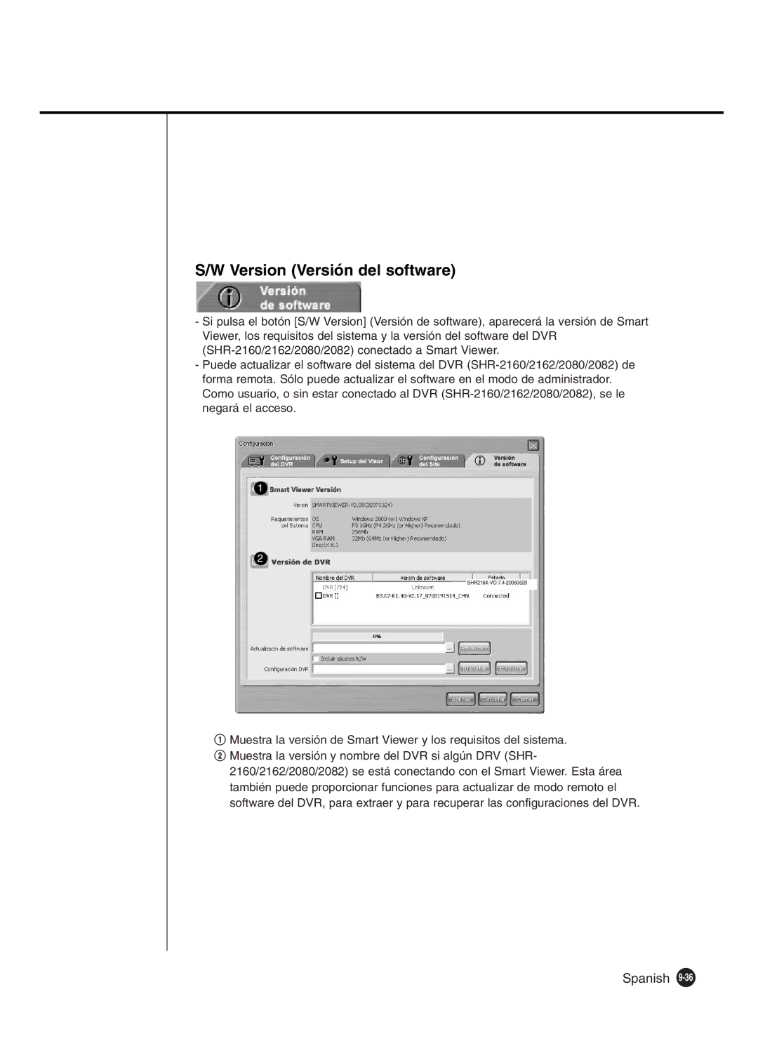 Samsung SHR-2160P/XEC, SHR-2162P, SHR-2160P2/XEC, SHR-2080P2/XEC manual Version Versión del software 