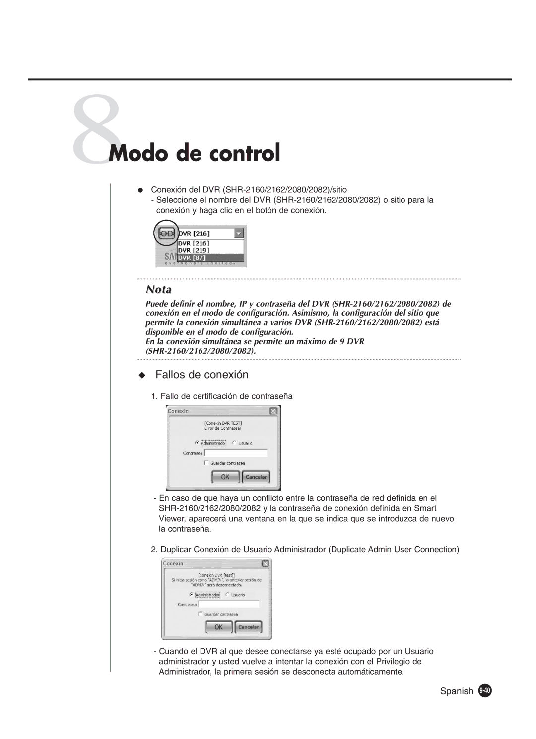 Samsung SHR-2160P2/XEC, SHR-2162P, SHR-2160P/XEC, SHR-2080P2/XEC manual 8Modo de control, Fallos de conexión 