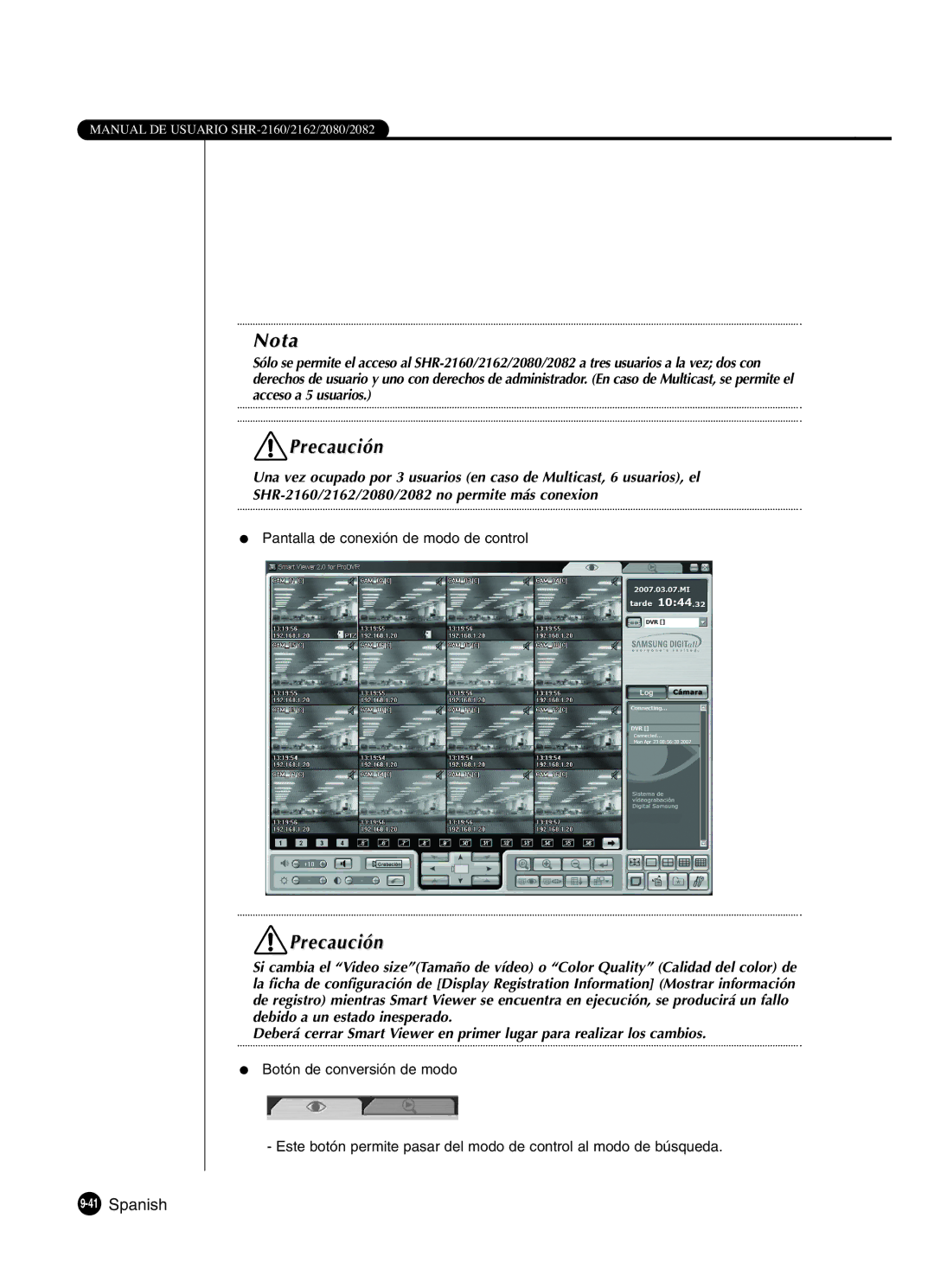 Samsung SHR-2160P/XEC, SHR-2162P, SHR-2160P2/XEC, SHR-2080P2/XEC manual 41Spanish, Pantalla de conexión de modo de control 