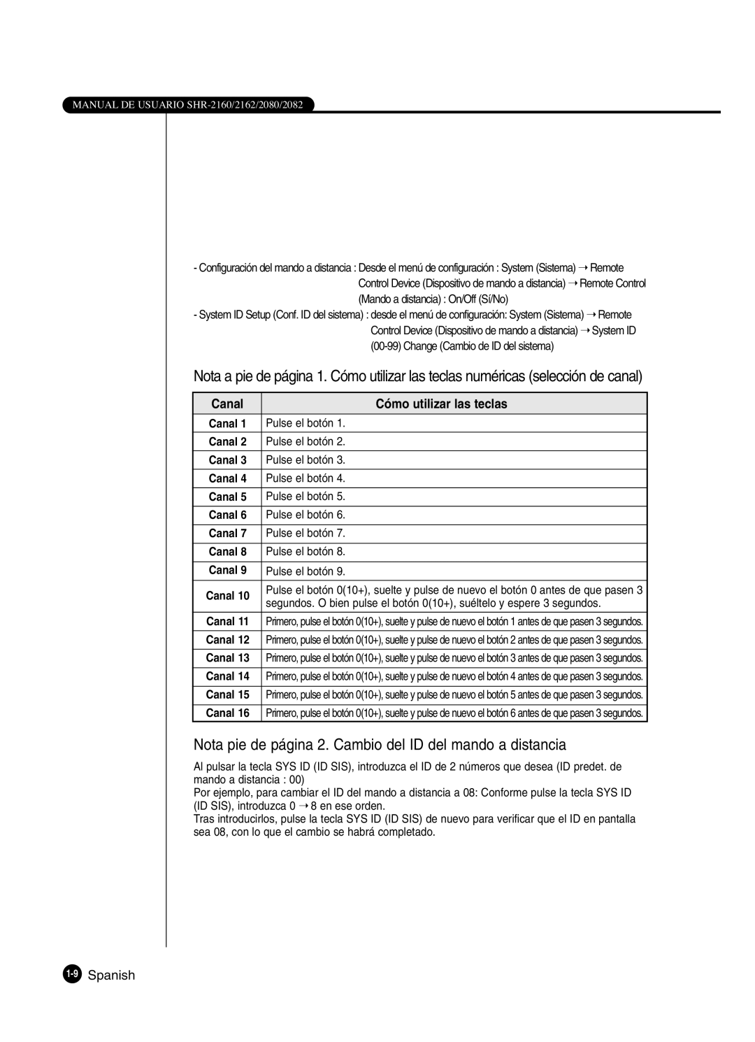 Samsung SHR-2162P, SHR-2160P2/XEC, SHR-2160P/XEC, SHR-2080P2/XEC manual Canal Cómo utilizar las teclas, 9Spanish 